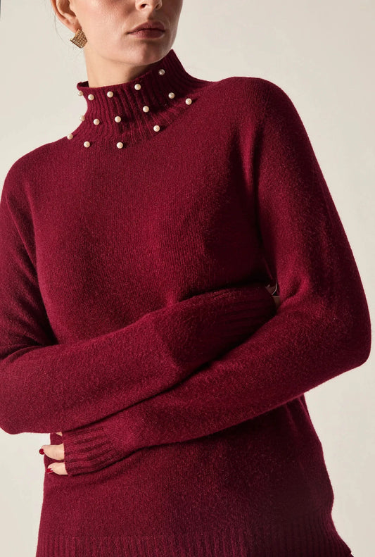 Burgundy Pearl-Embellished High-Neck Jumper