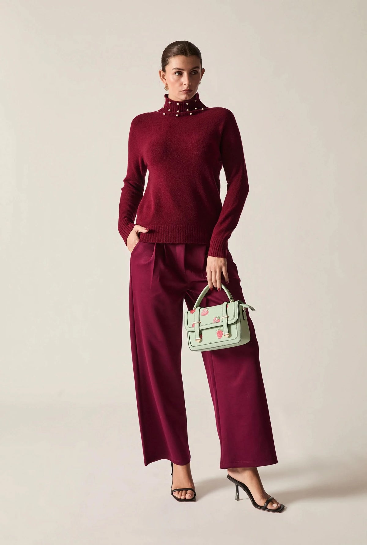 Burgundy Pearl-Embellished High-Neck Jumper