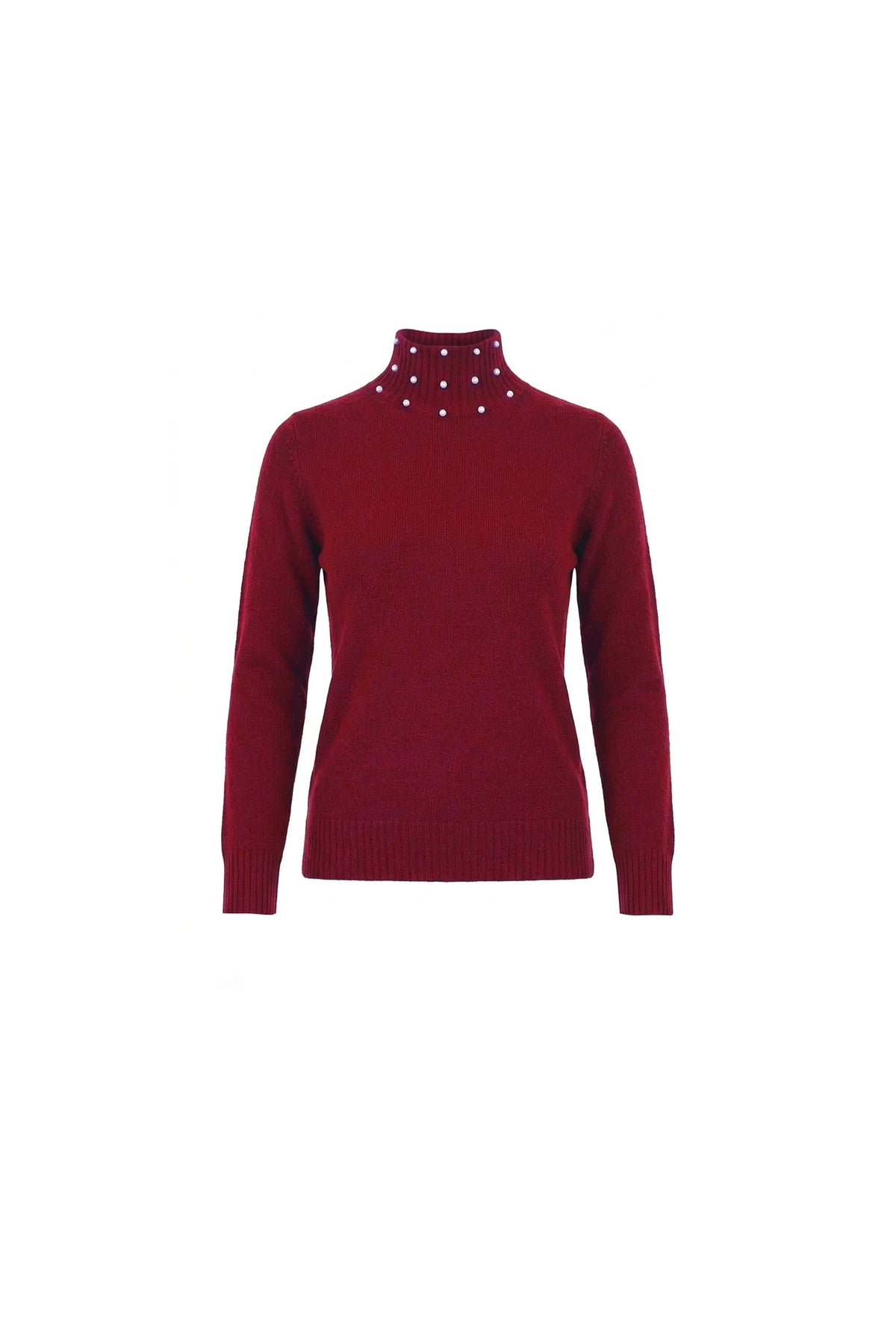 Burgundy Pearl-Embellished High-Neck Jumper
