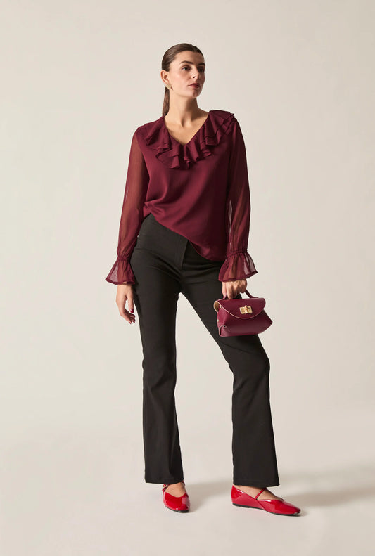 Burgundy Sheer-Sleeve Ruffle Blouse