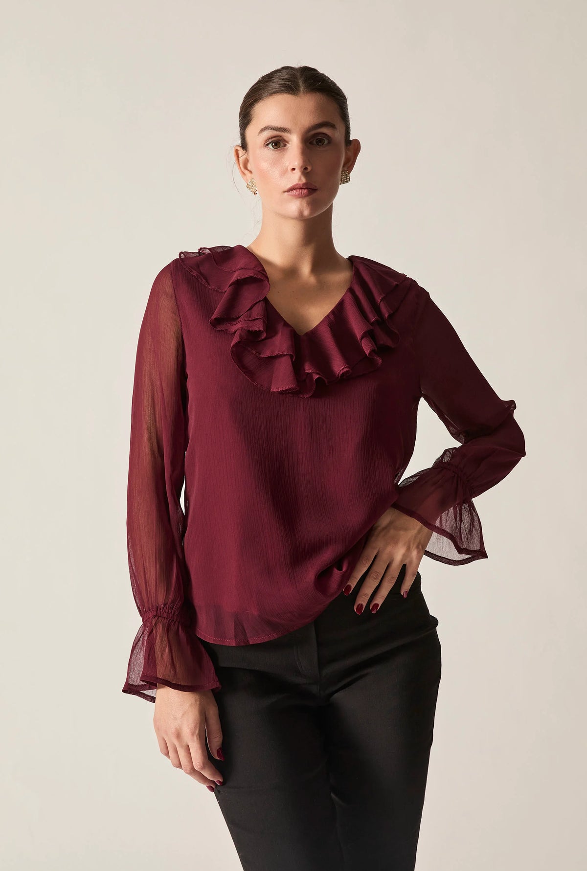 Burgundy Sheer-Sleeve Ruffle Blouse