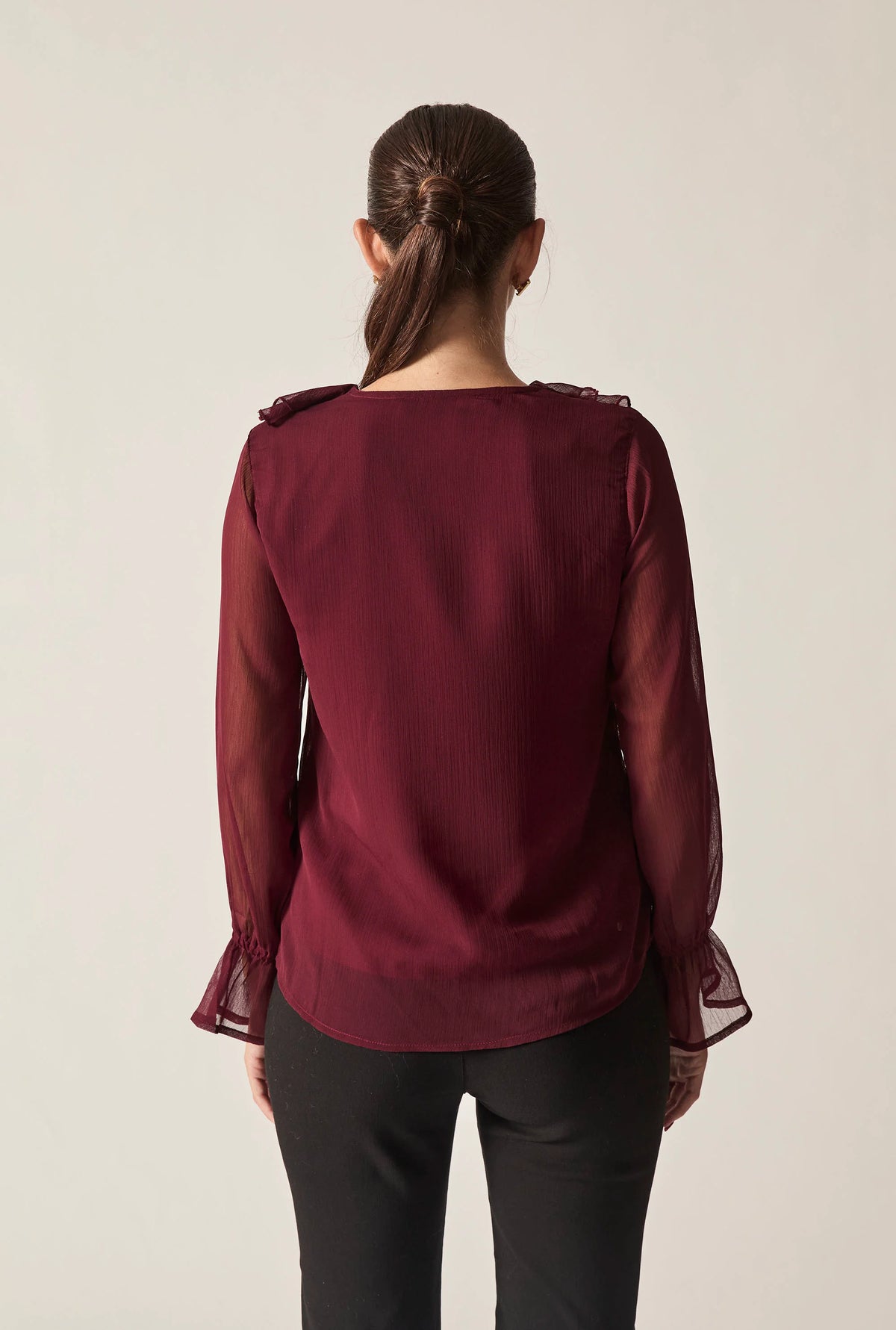 Burgundy Sheer-Sleeve Ruffle Blouse