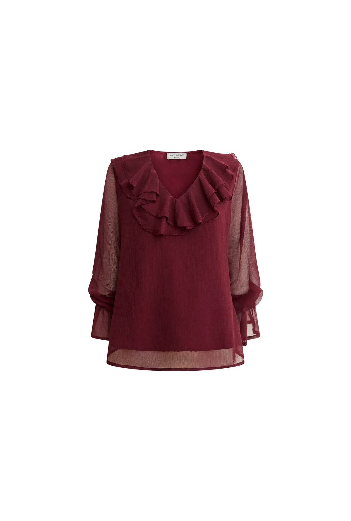 Burgundy Sheer-Sleeve Ruffle Blouse