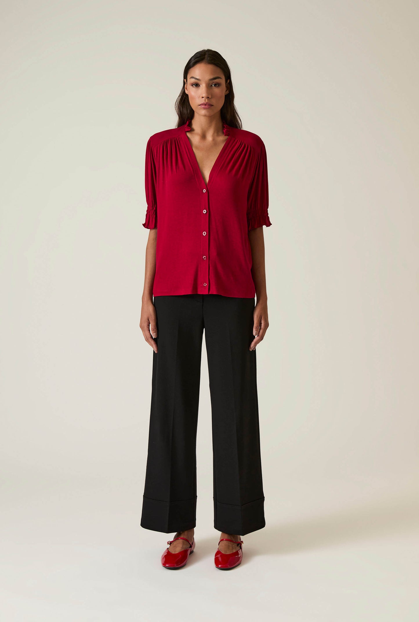 Burgundy V-neck Jersey Blouse