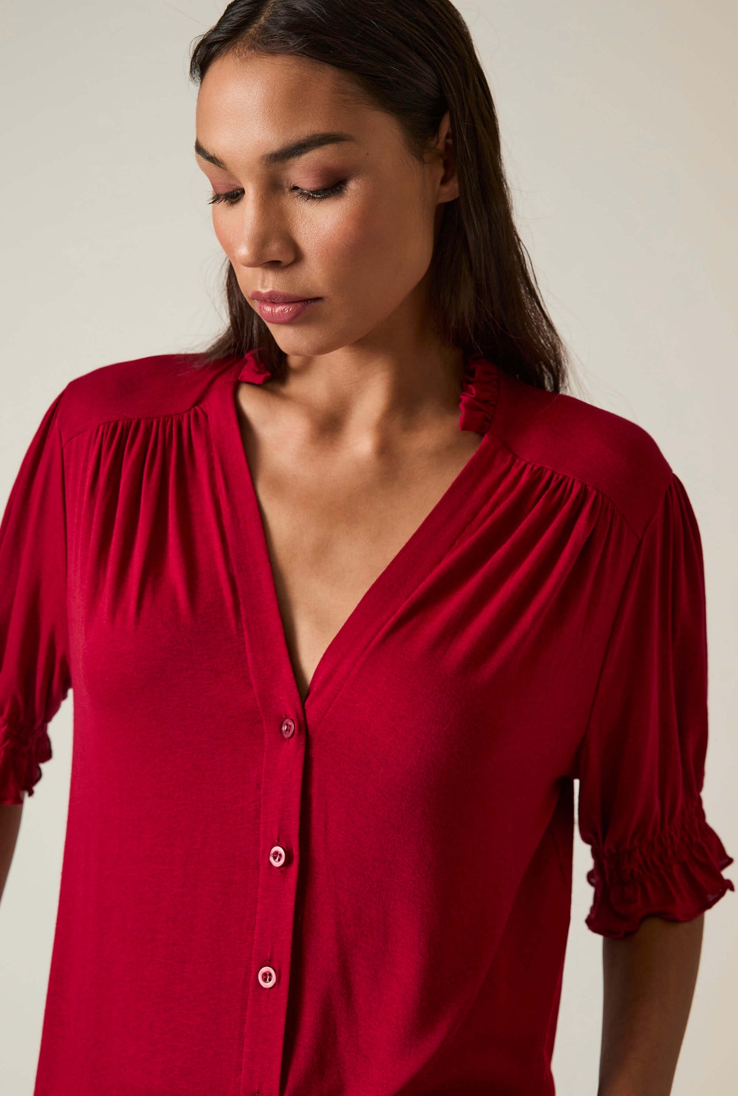 Burgundy V-neck Jersey Blouse