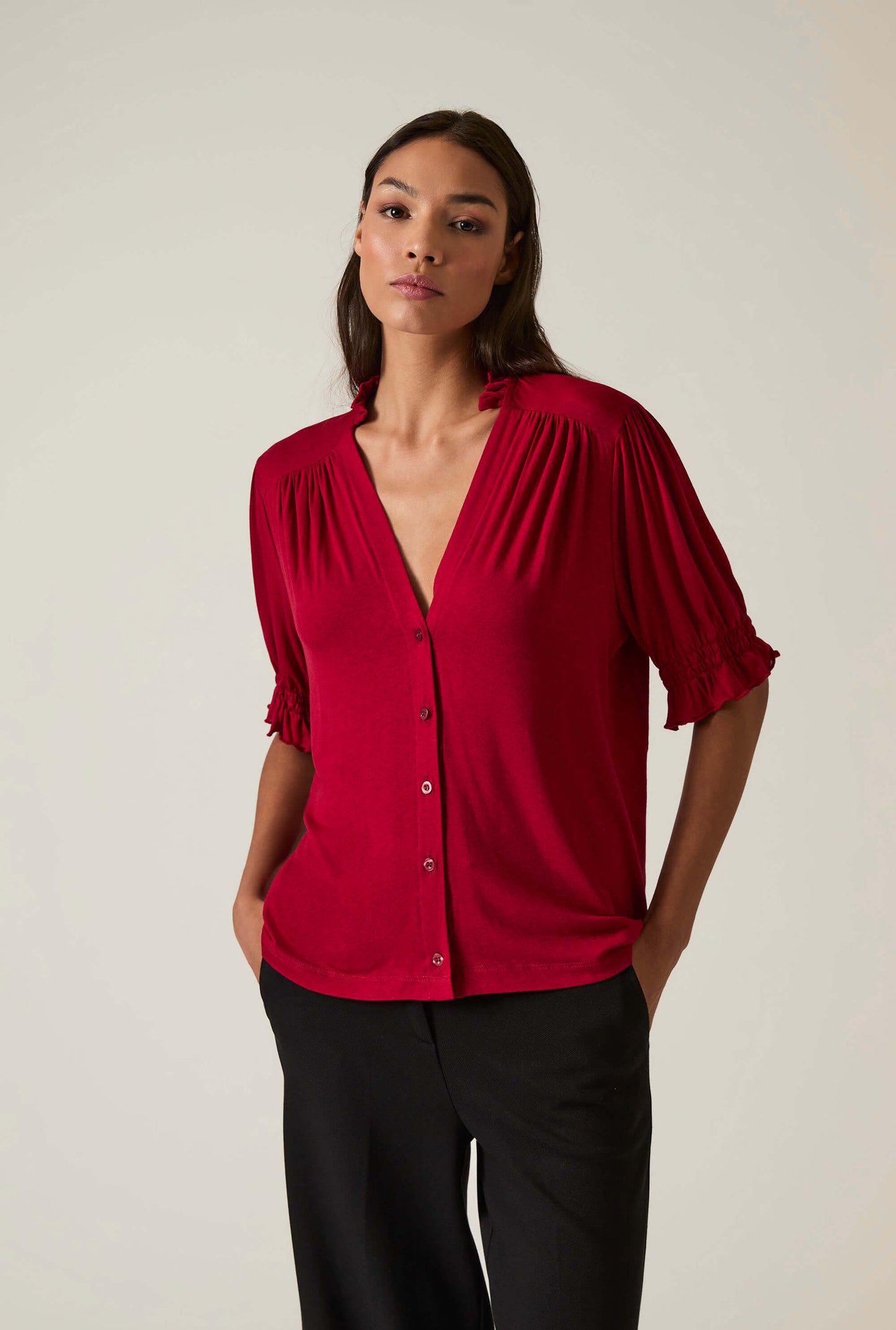 Burgundy V-neck Jersey Blouse