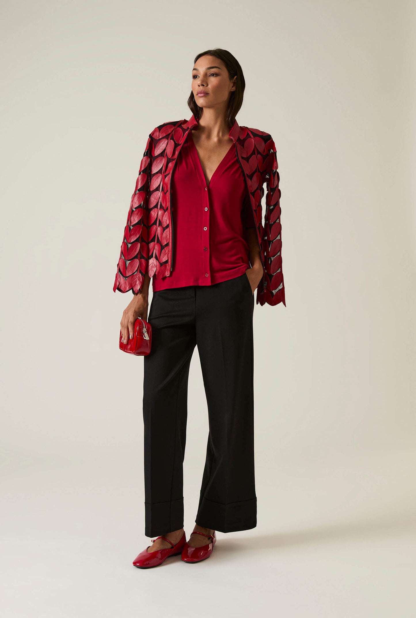 Burgundy V-neck Jersey Blouse