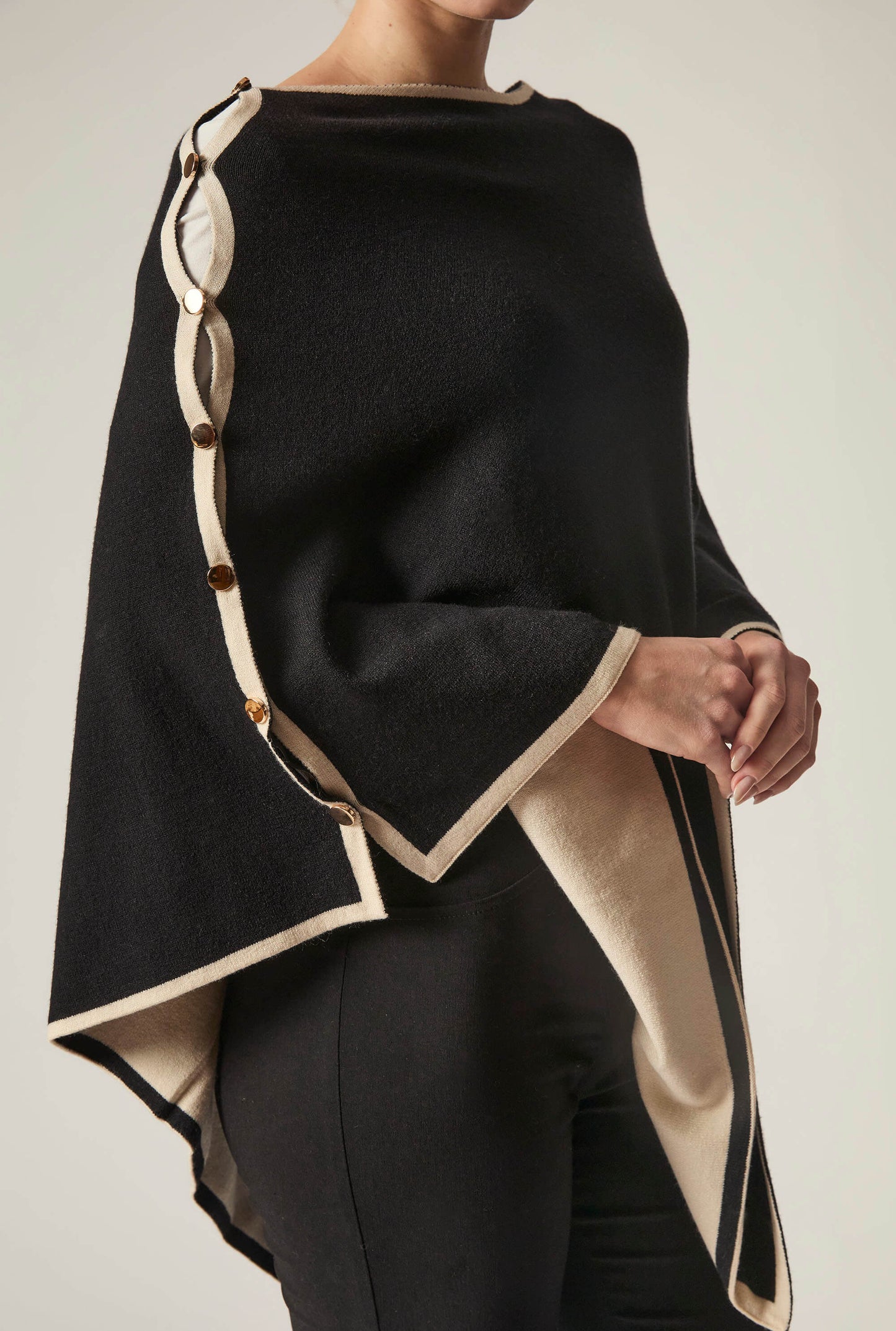 Button Detail Black Poncho Top