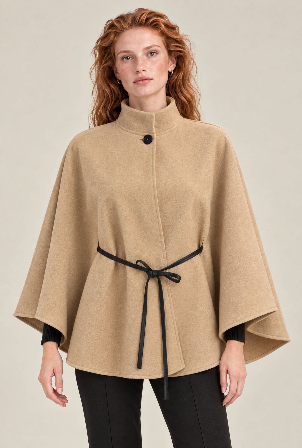Camel Belted Wrap Cape