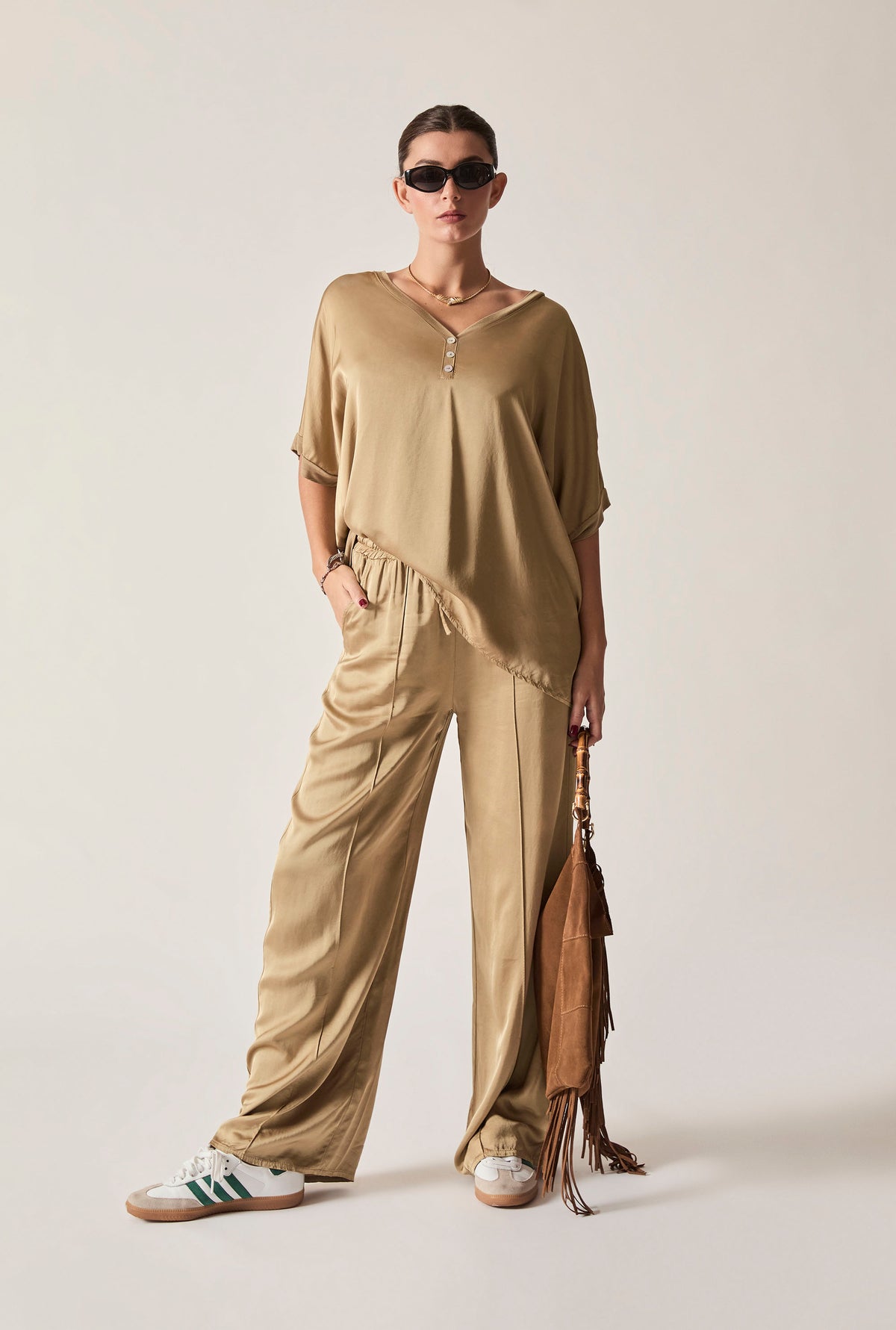 Camel Button Detail Relaxed Fit Top