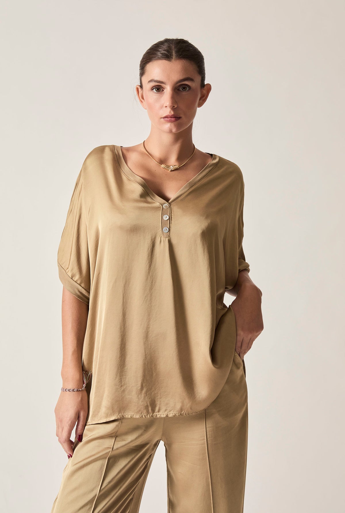 Camel Button Detail Relaxed Fit Top