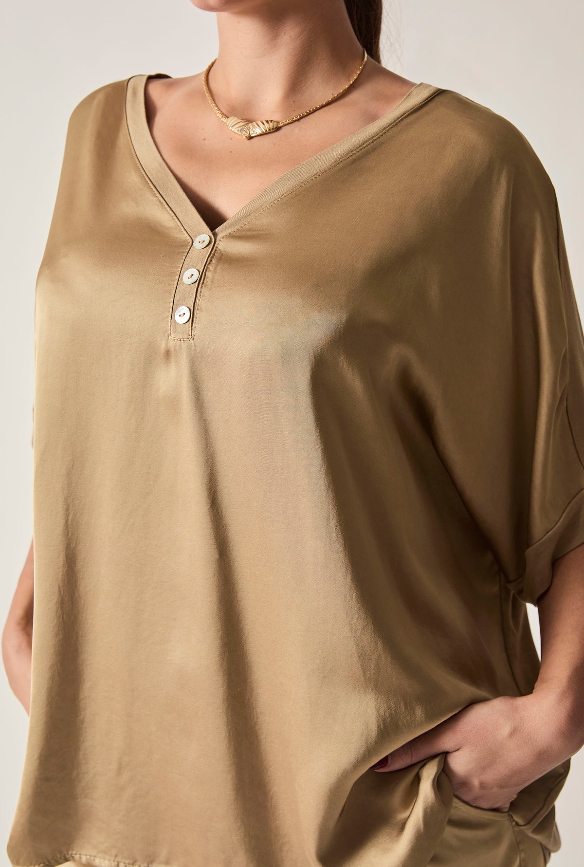 Camel Button Detail Relaxed Fit Top