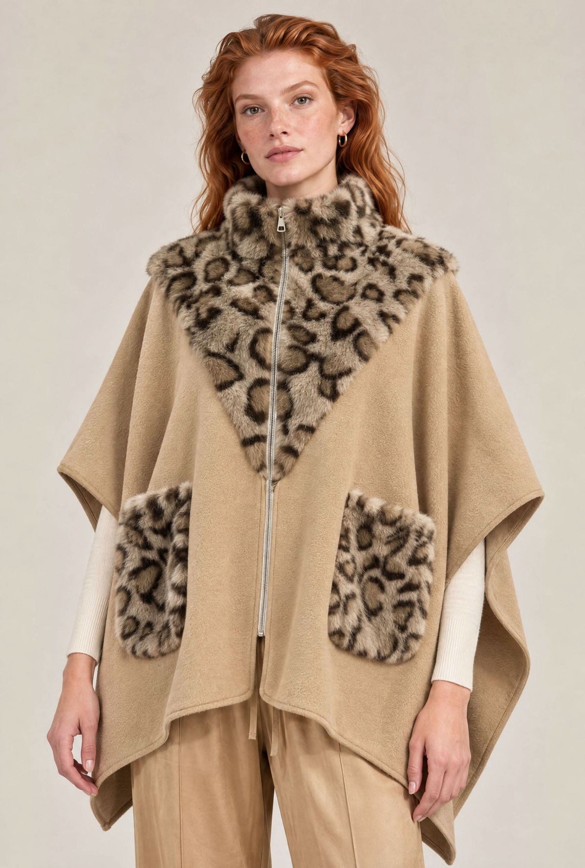 Camel Leopard Faux Fur Trim Cape