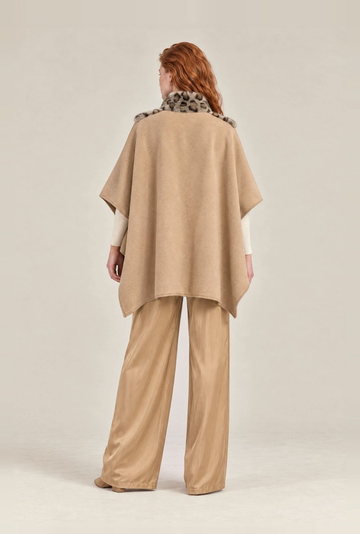 Camel Leopard Faux Fur Trim Cape