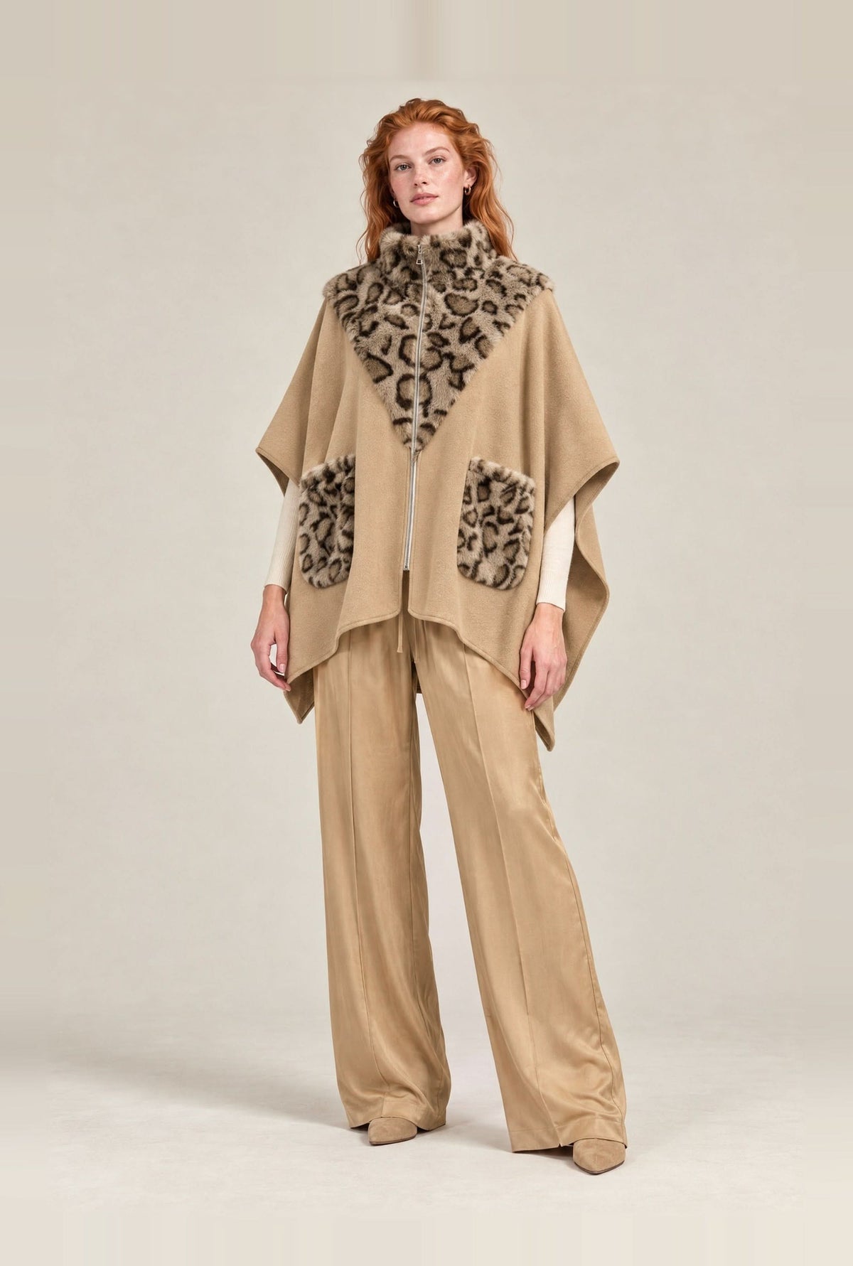 Camel Leopard Faux Fur Trim Cape