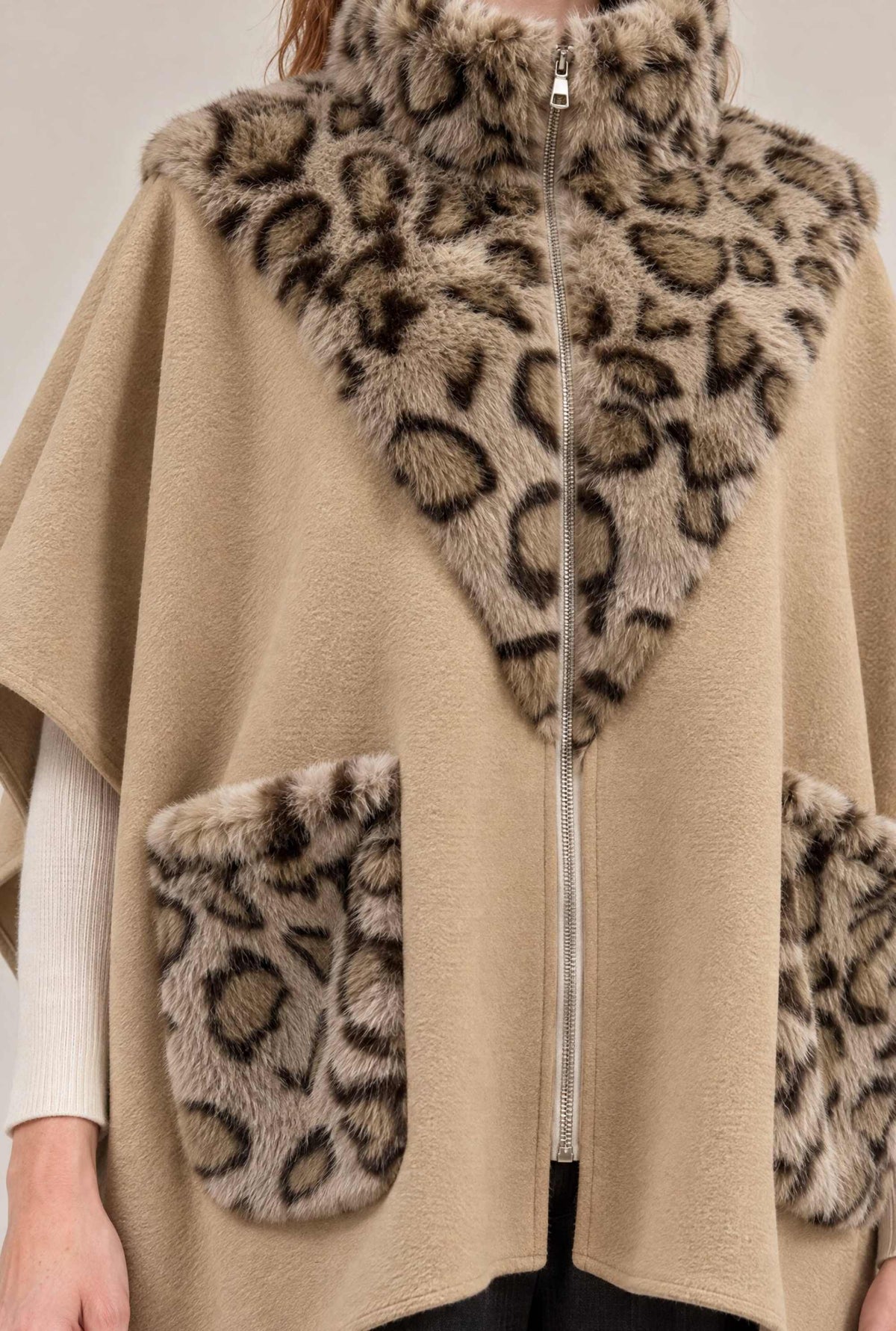 Camel Leopard Faux Fur Trim Cape