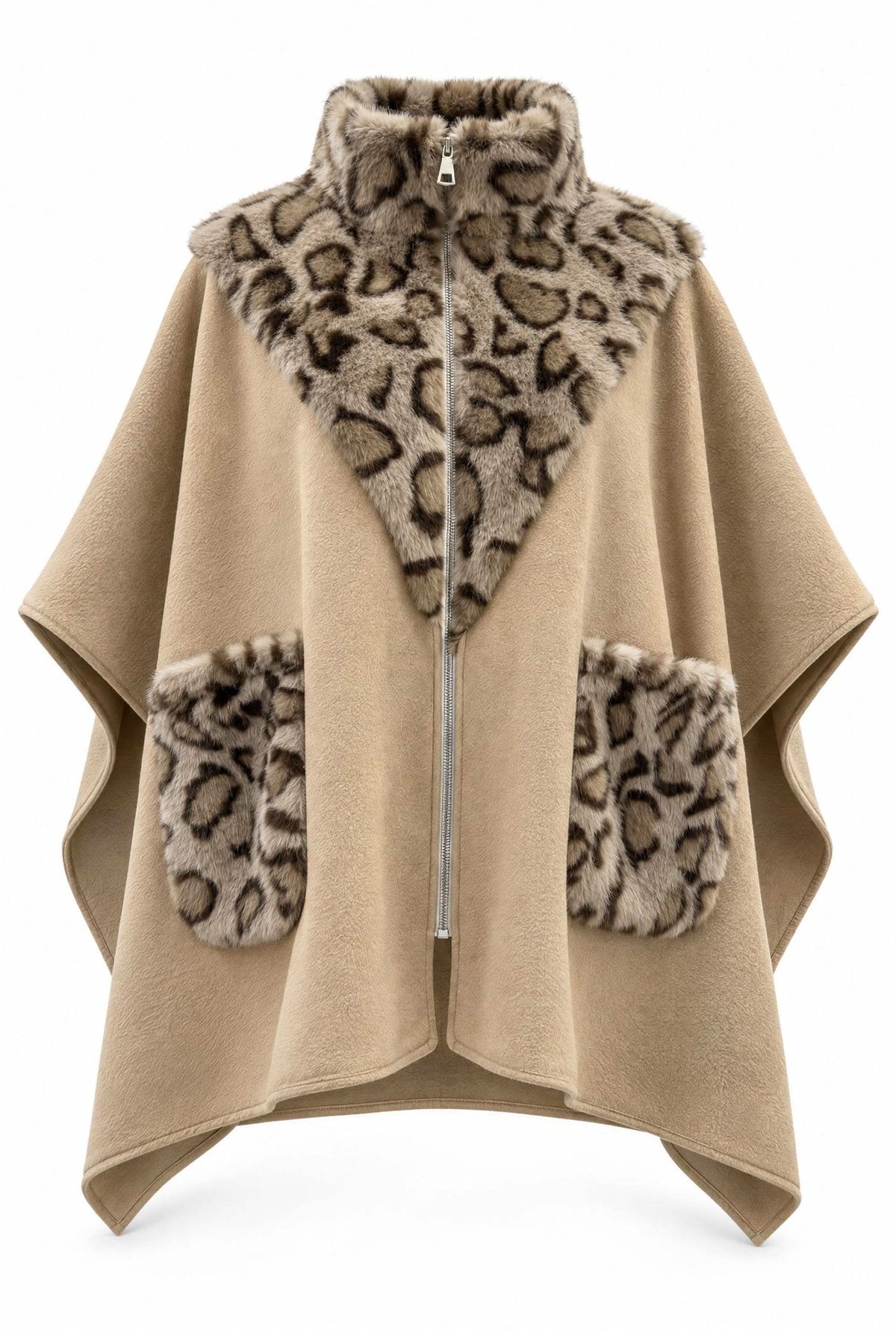 Camel Leopard Faux Fur Trim Cape