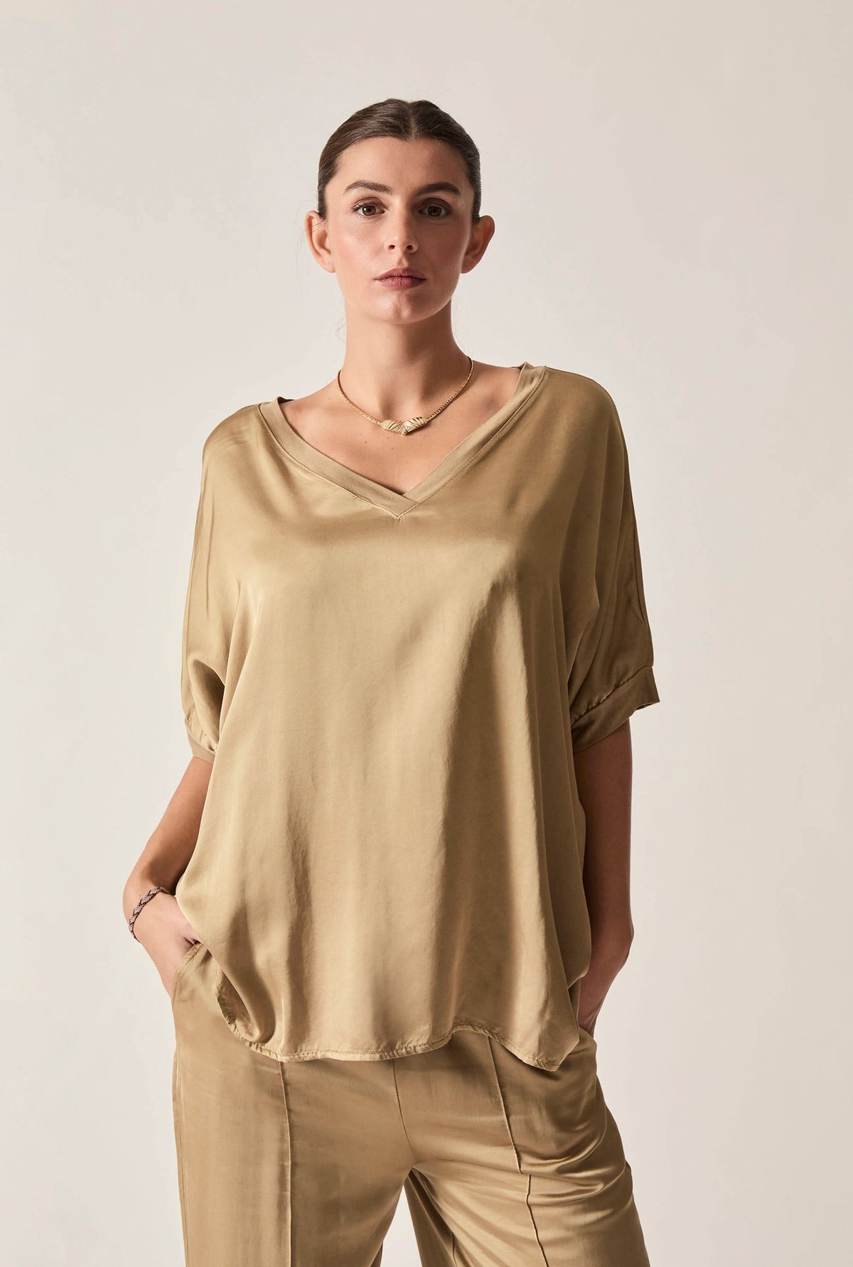 Camel V-Neck Relaxed Fit Top