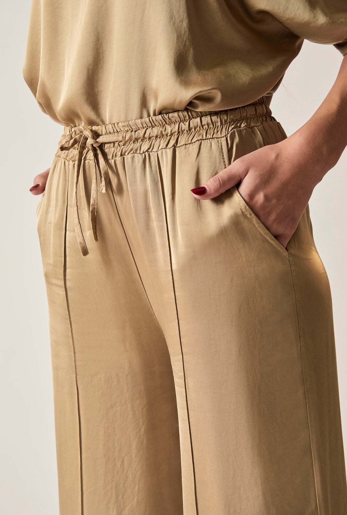 Camel Wide-Leg Drawstring Trousers