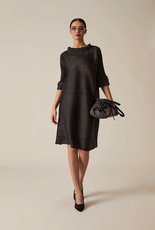Charcoal Embellished Pleat Dress