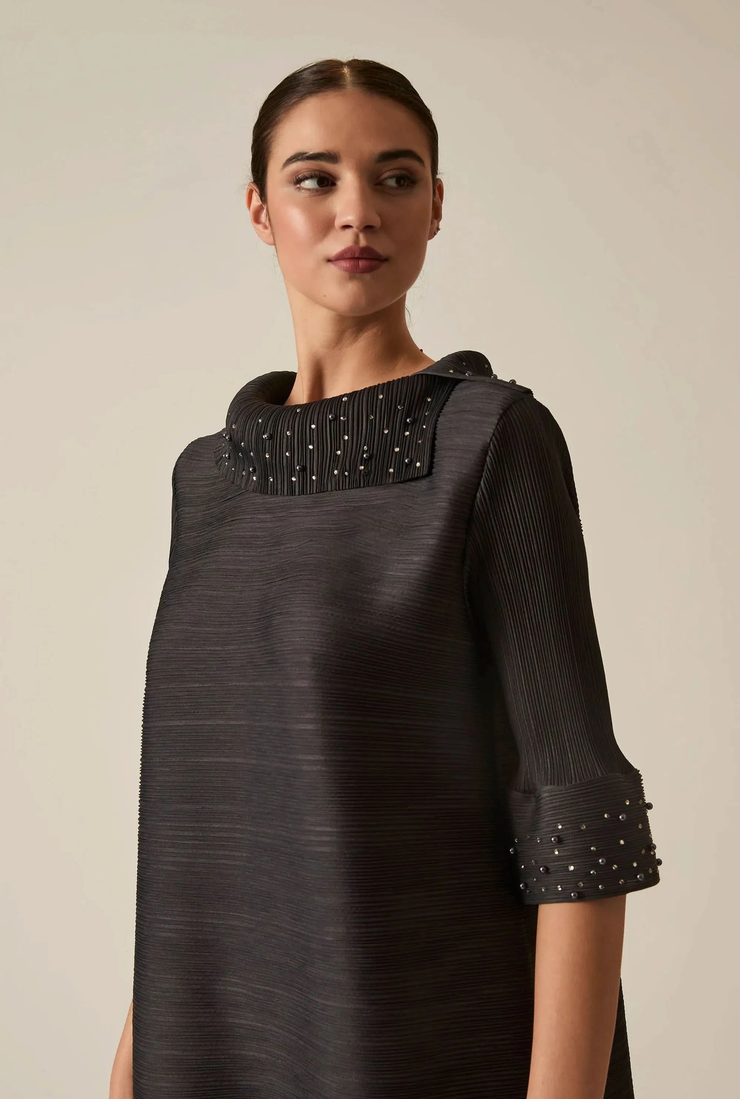 Charcoal Embellished Pleat Dress