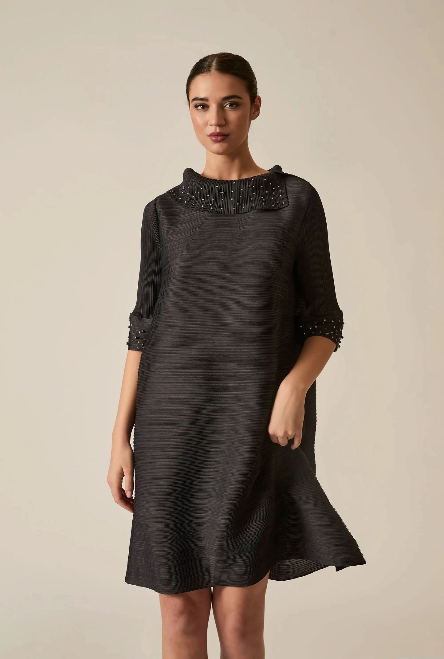 Charcoal Embellished Pleat Dress