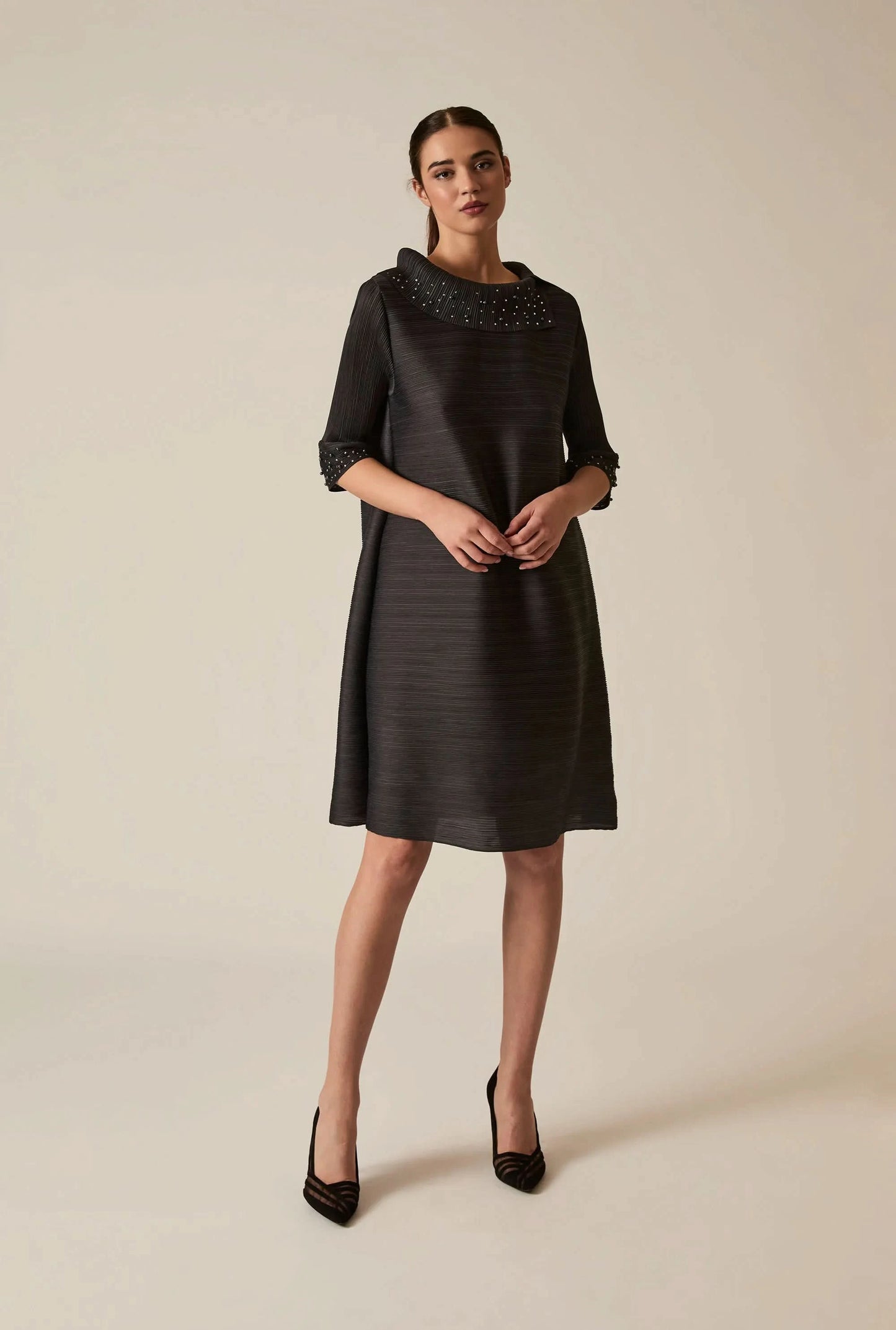 Charcoal Embellished Pleat Dress