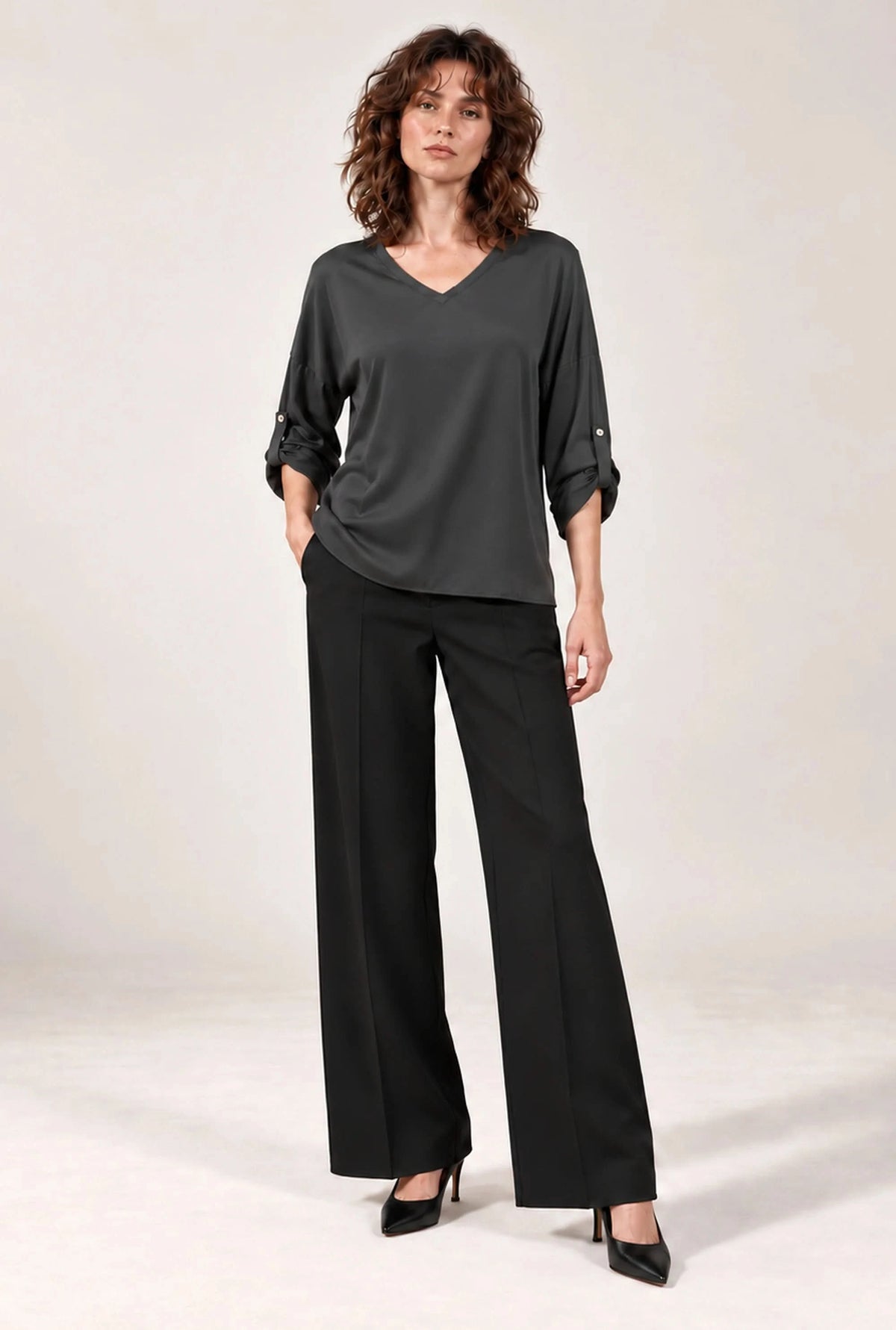 Charcoal Satin V-Neck Blouse