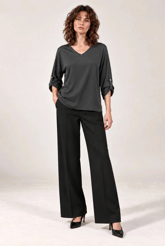 Charcoal Satin V-Neck Blouse