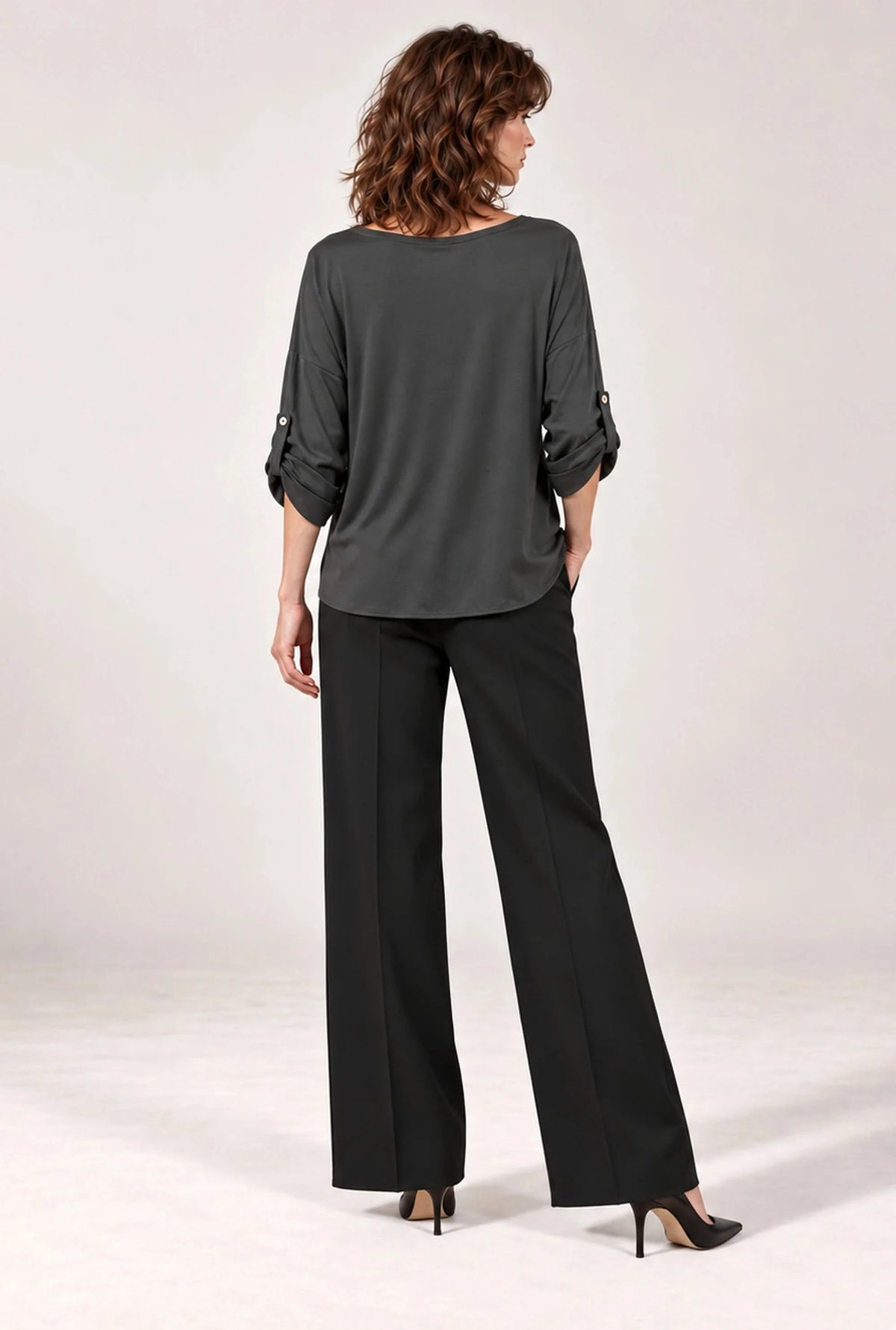Charcoal Satin V-Neck Blouse
