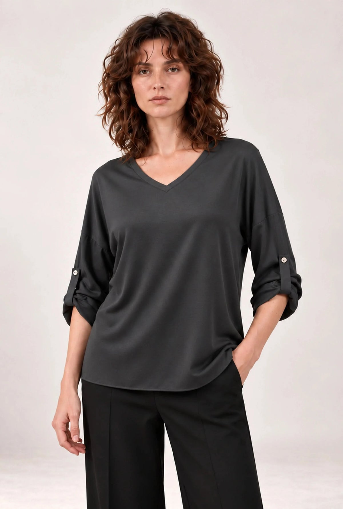 Charcoal Satin V-Neck Blouse