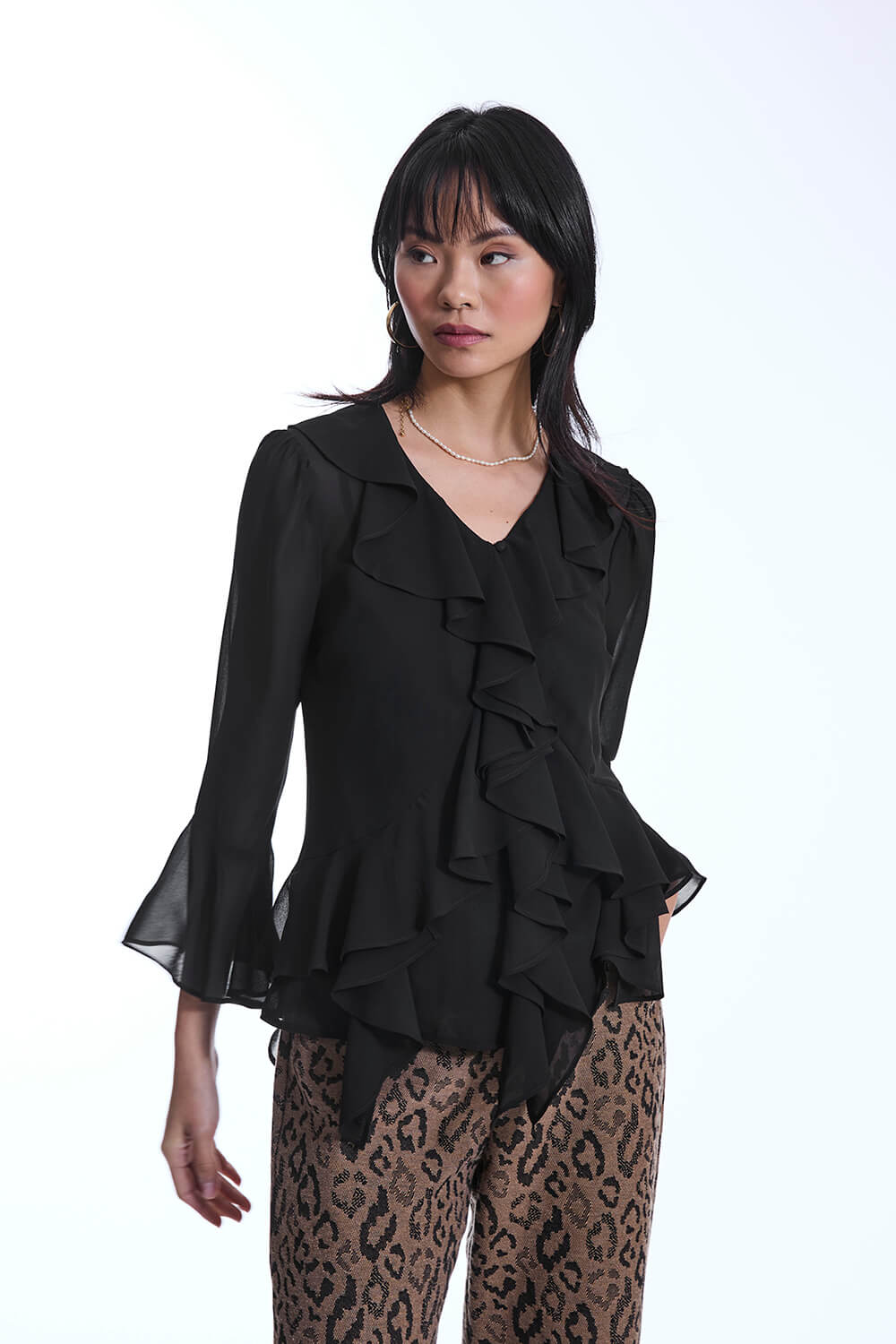 Chiffon Ruffle Black Shirt