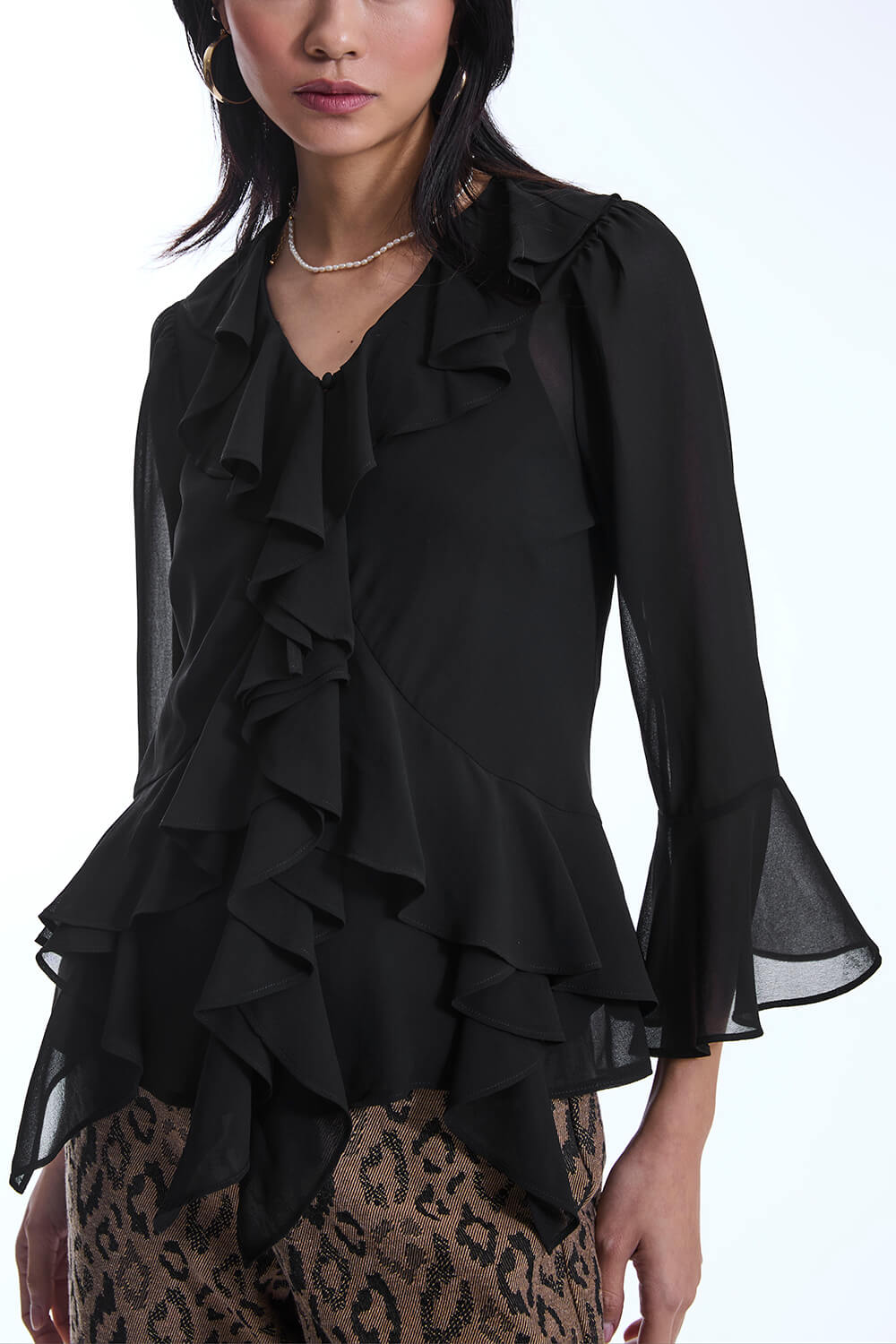 Chiffon Ruffle Black Shirt