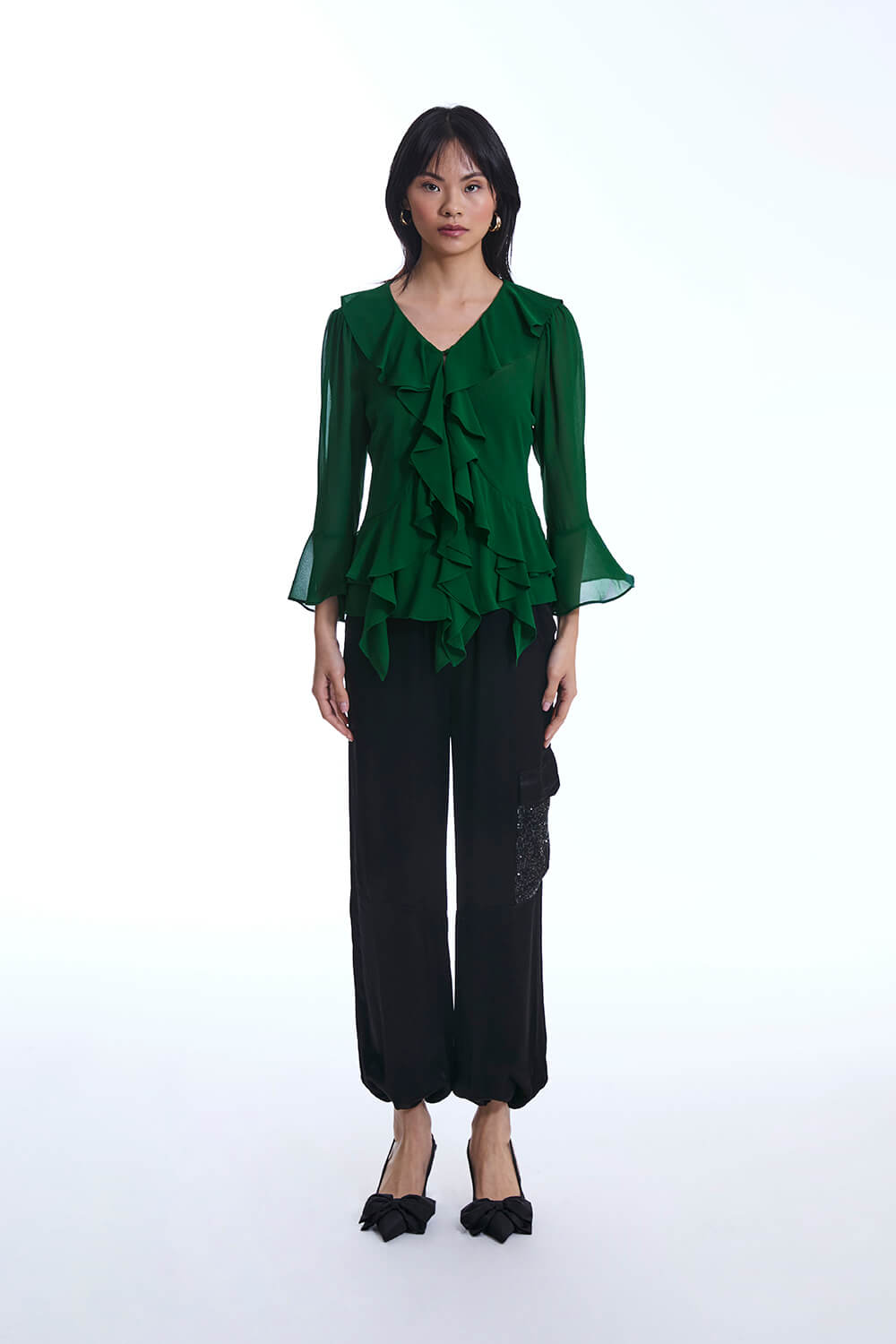 Chiffon Ruffle Green Shirt