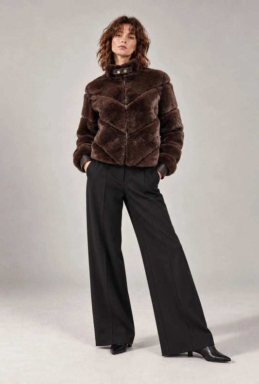Chocolate Brown Chevron Faux-Fur Jacket