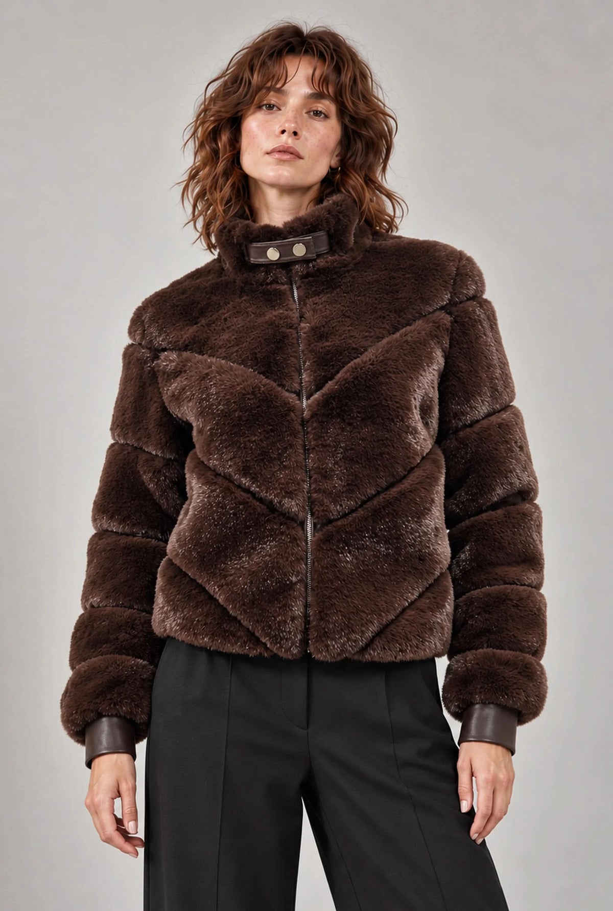 Chocolate Brown Chevron Faux-Fur Jacket