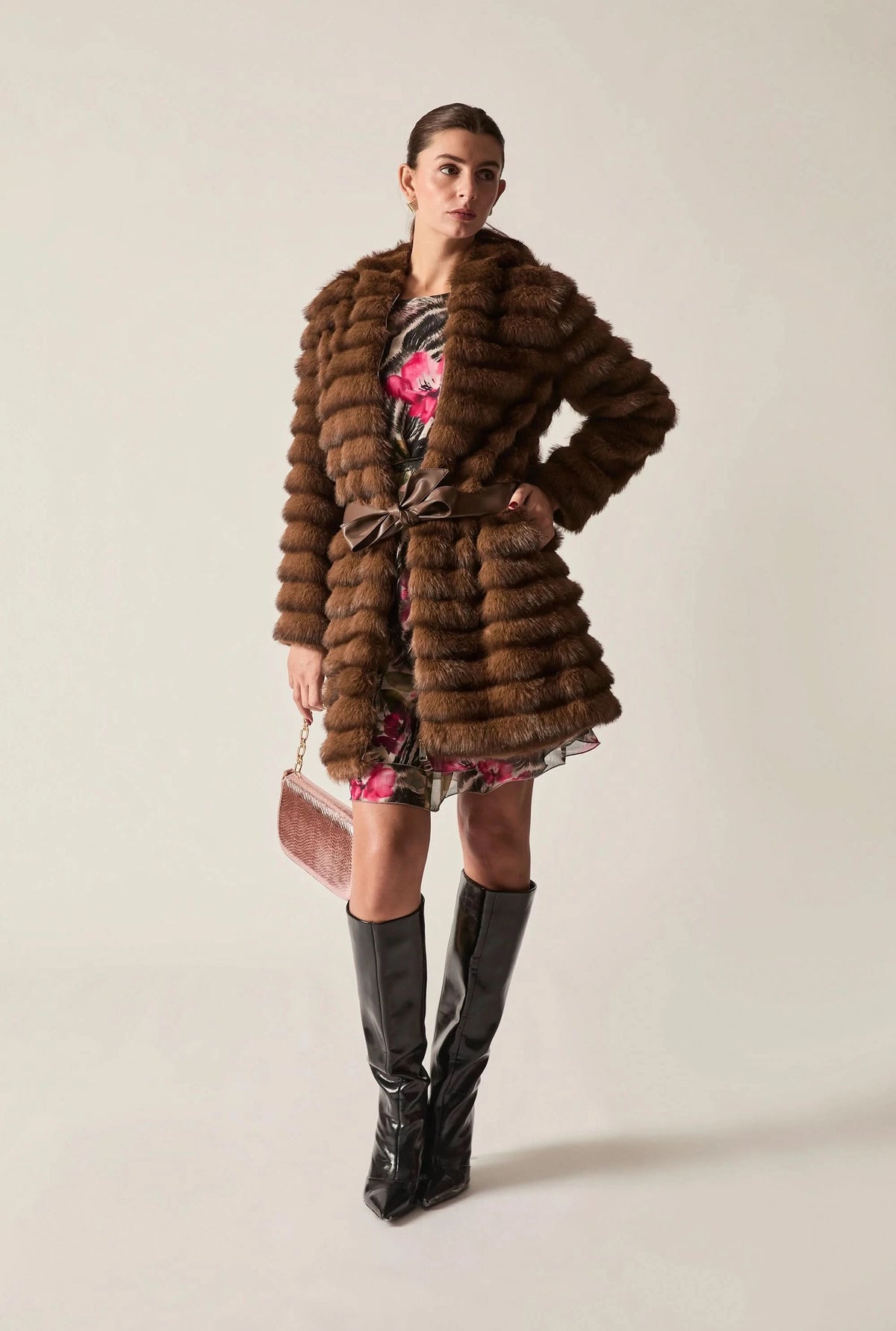 Chocolate Brown Ribbed Faux-Fur Coat