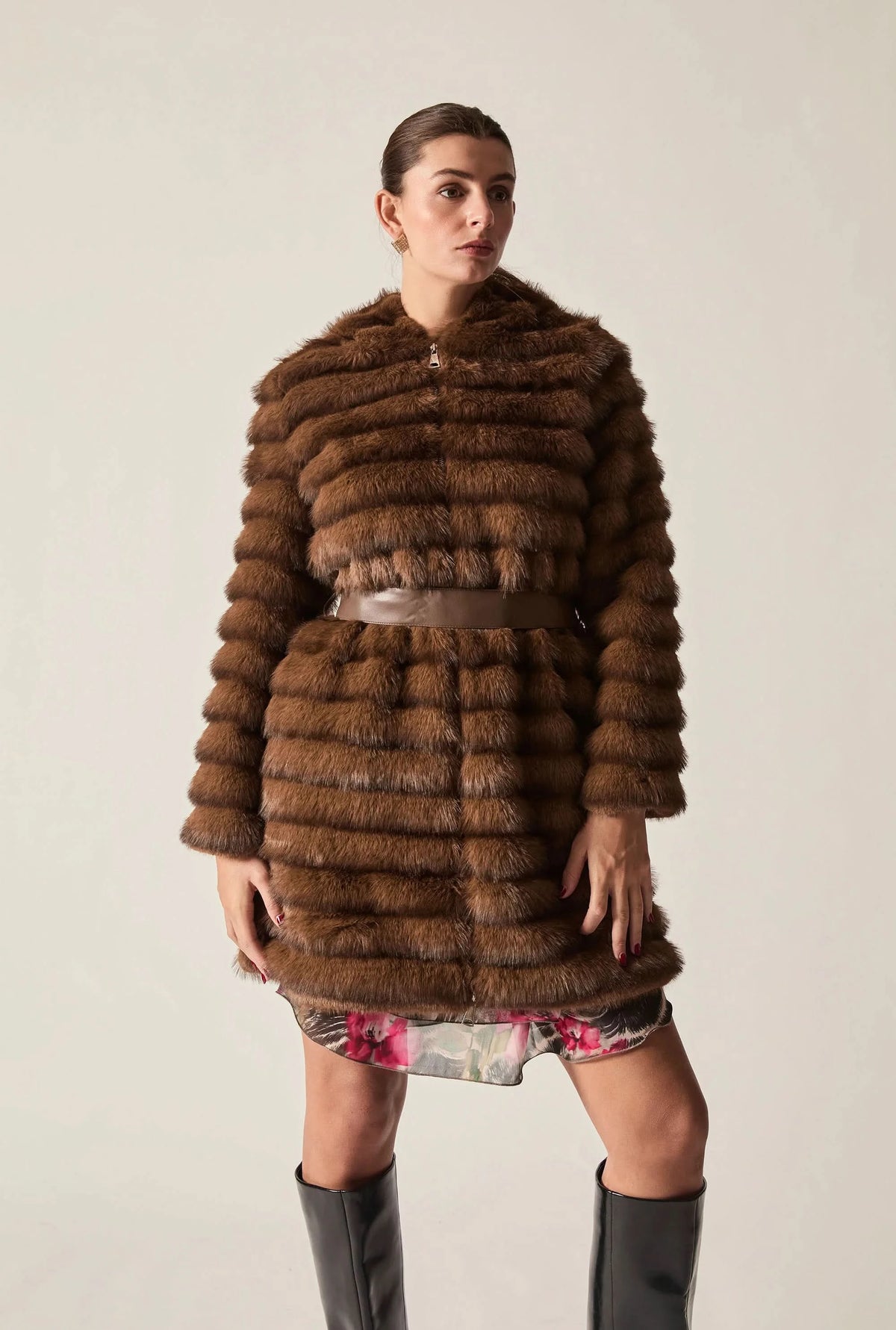 Chocolate Brown Ribbed Faux-Fur Coat