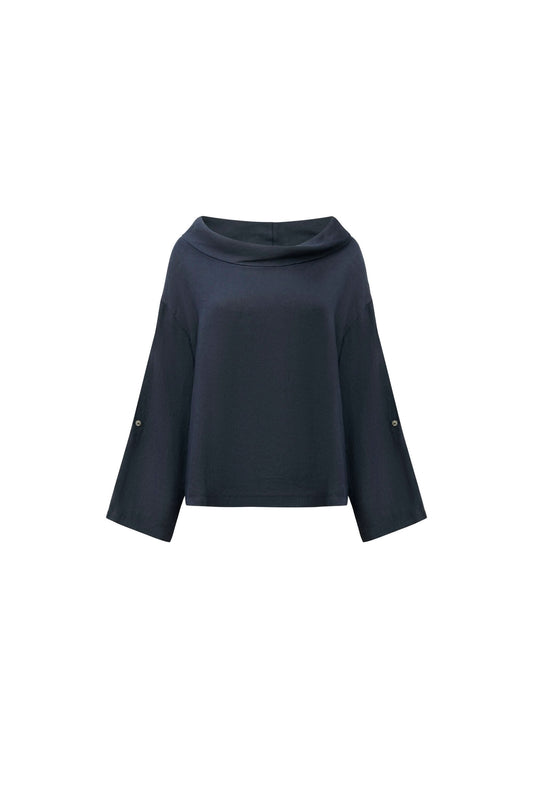 Cowl Neck Linen Navy Top
