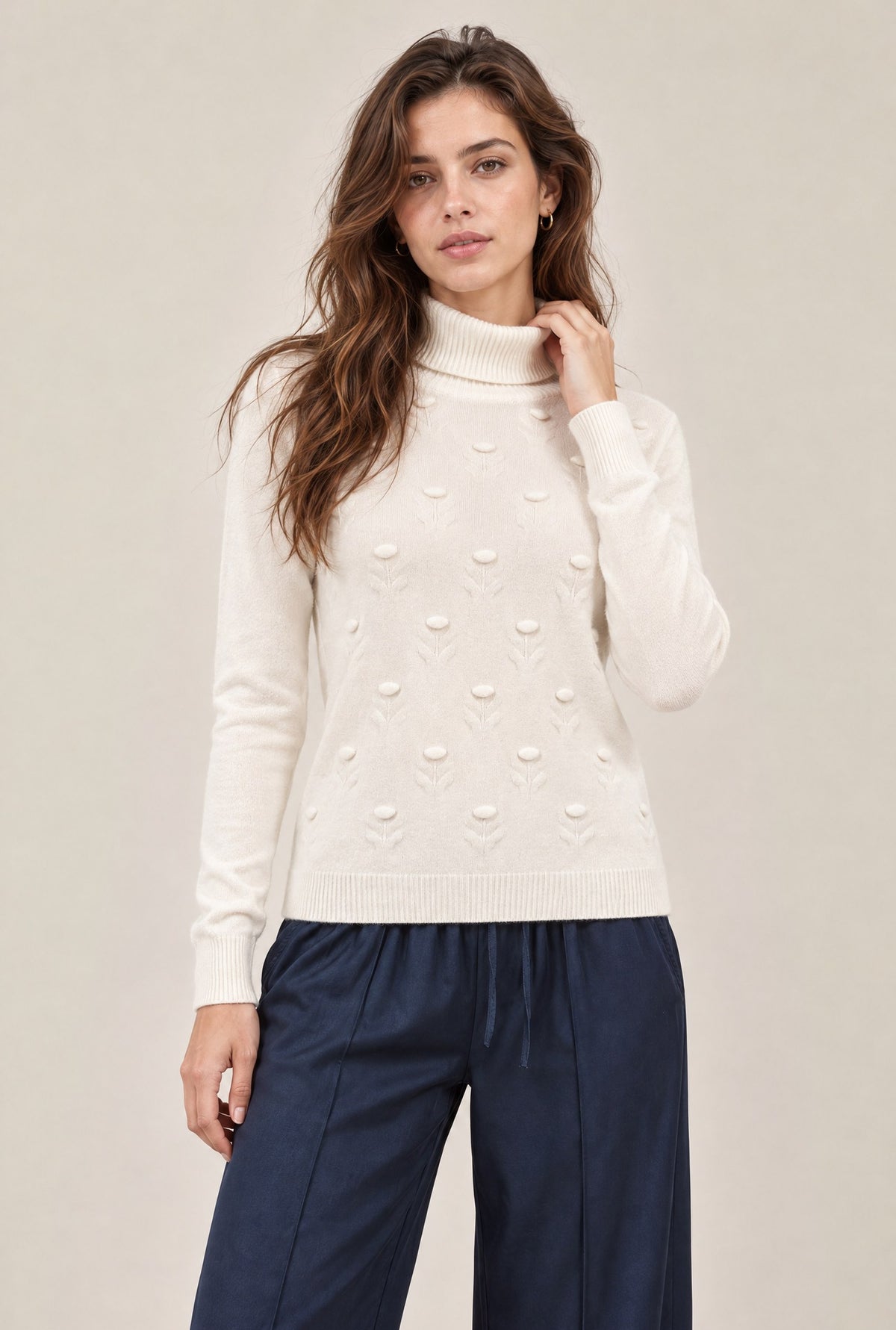 Cream Floral Roll Neck Jumper
