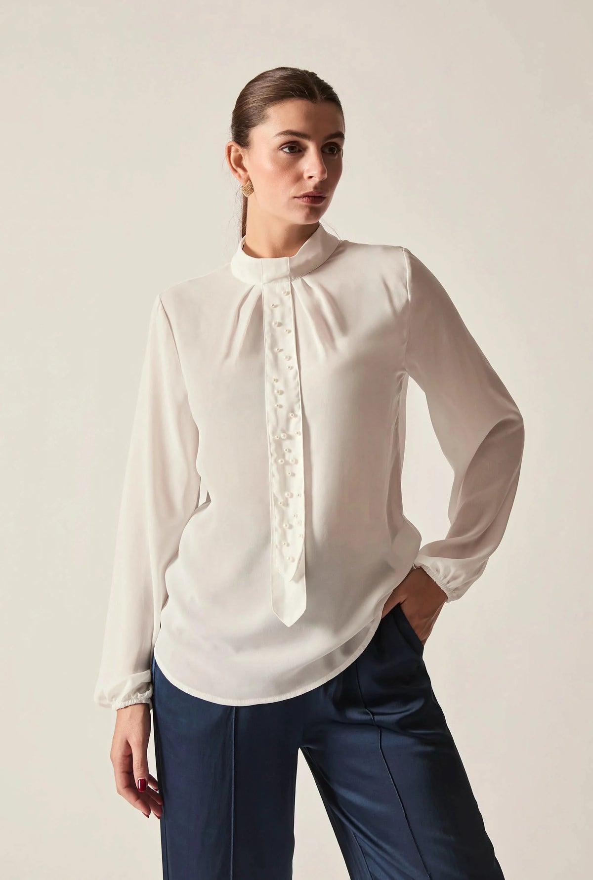 Cream Pearl-Tie Blouse