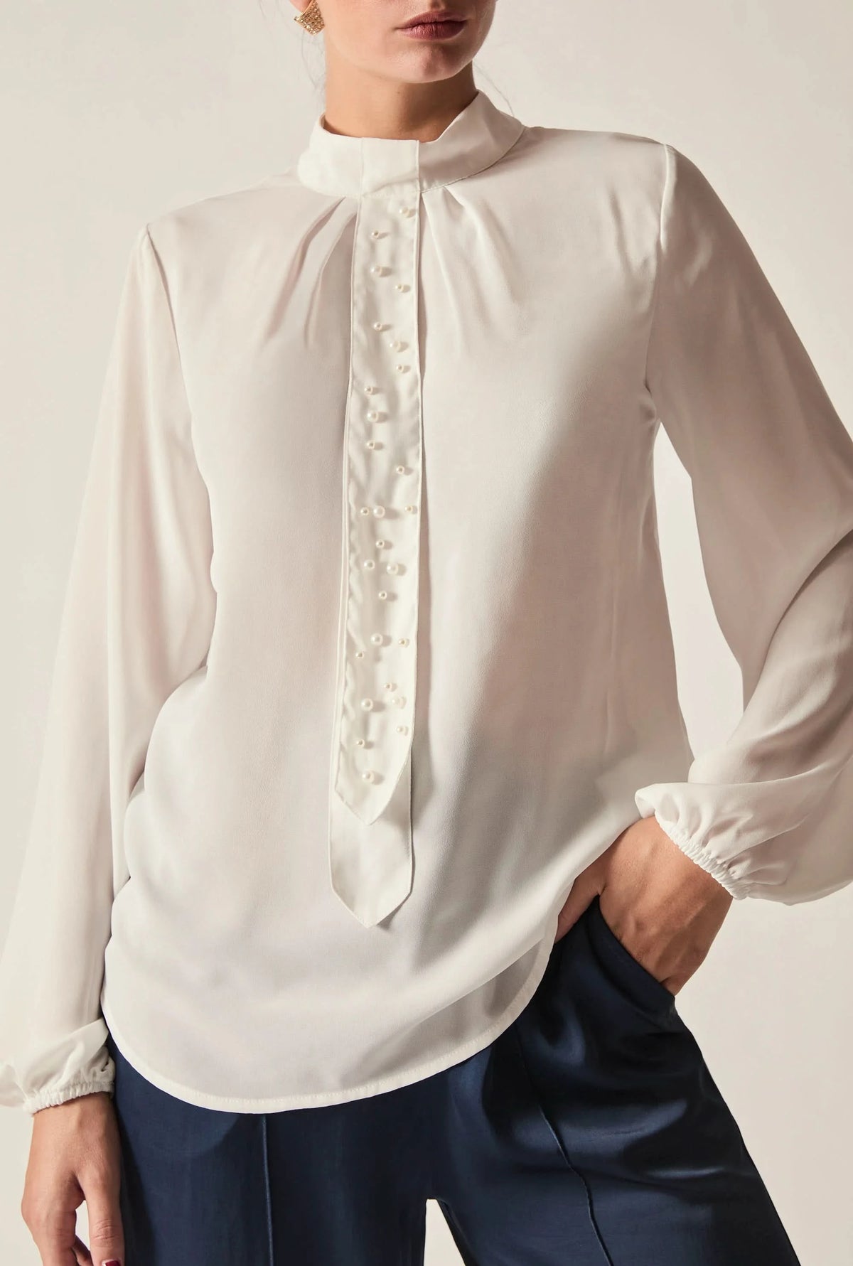 Cream Pearl-Tie Blouse