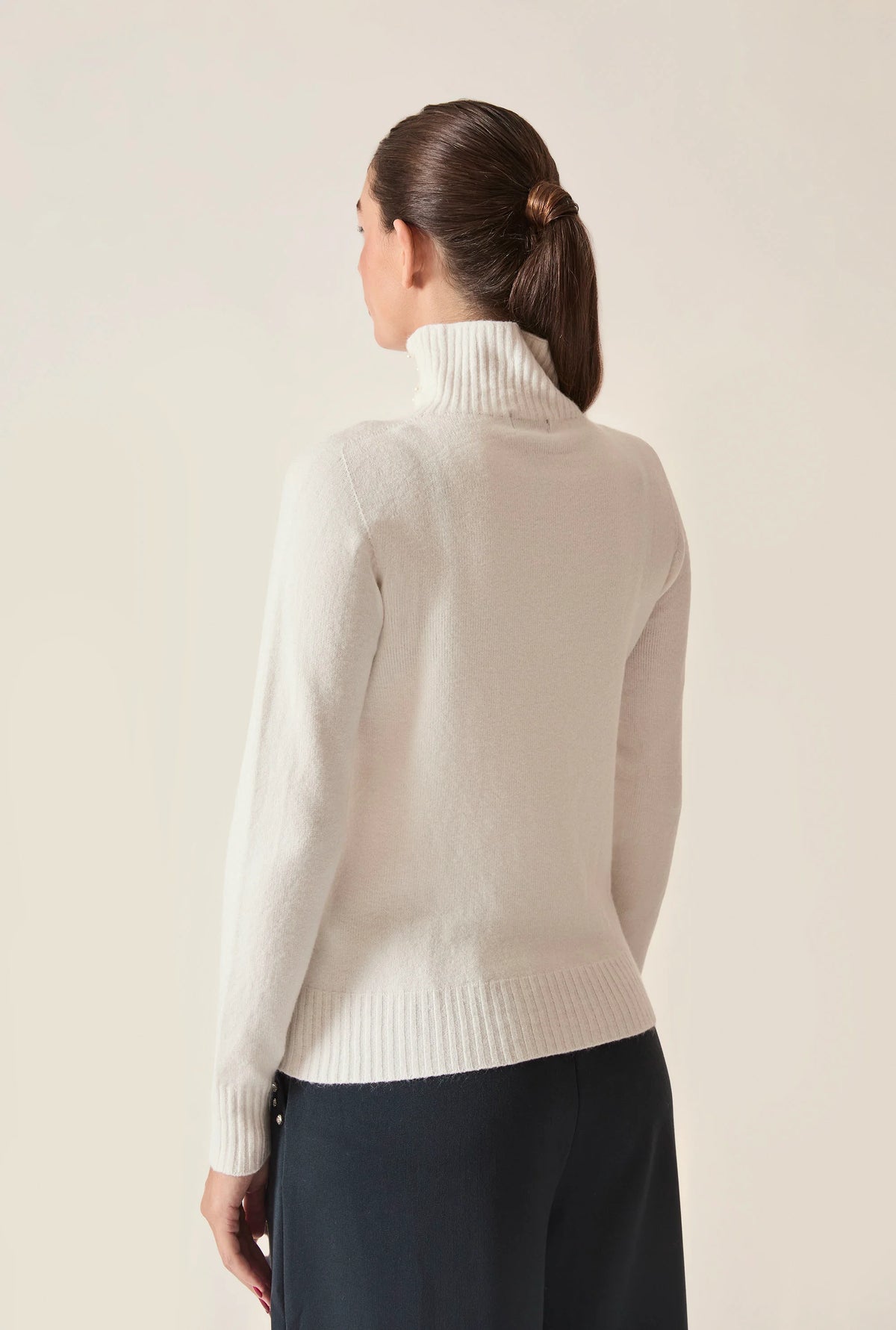 Cream Pearl-Embellished High-Neck Jumper
