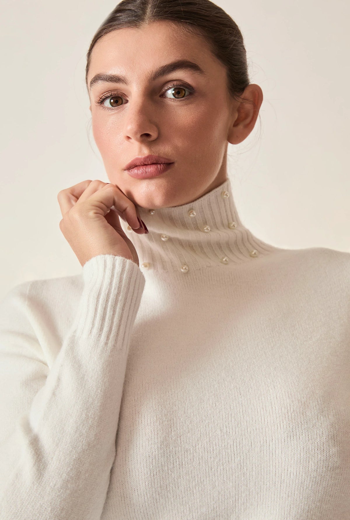 Cream Pearl-Embellished High-Neck Jumper