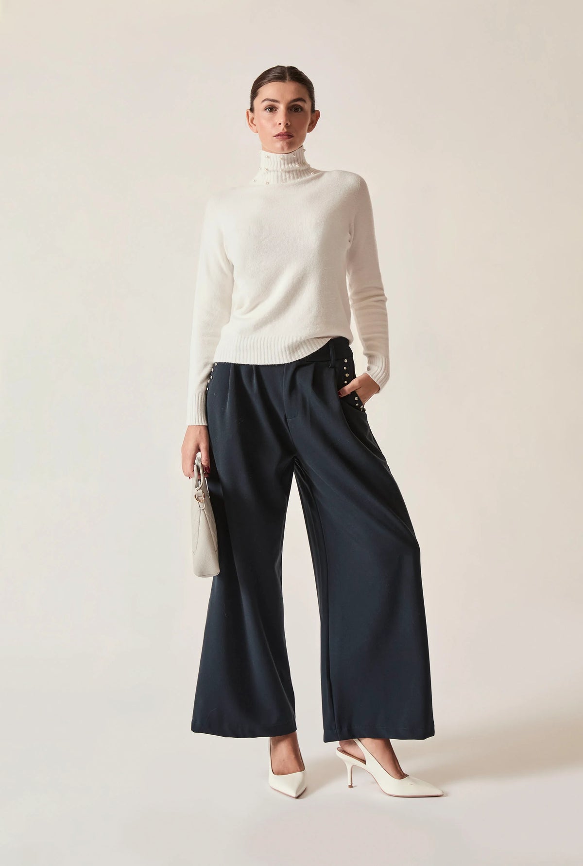 Cream Pearl-Embellished High-Neck Jumper