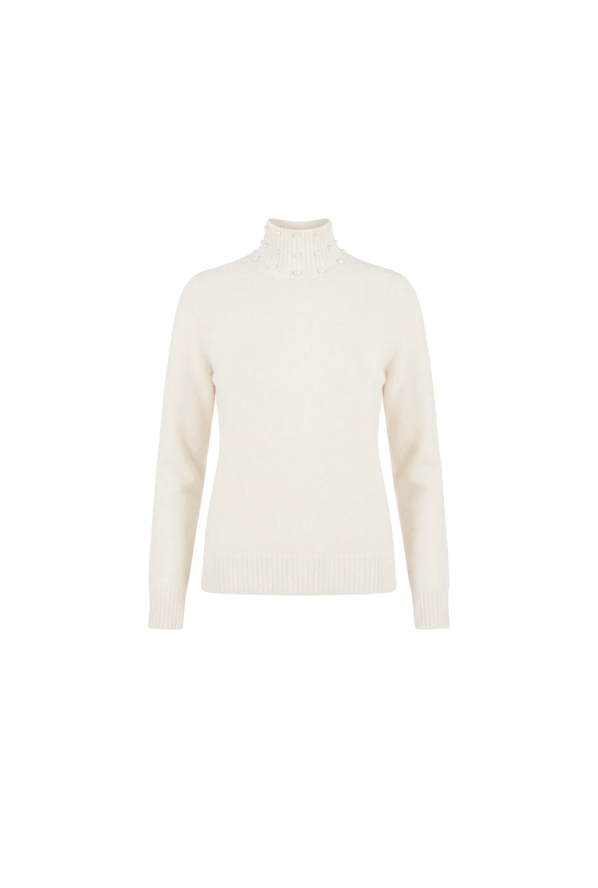 Cream Pearl-Embellished High-Neck Jumper