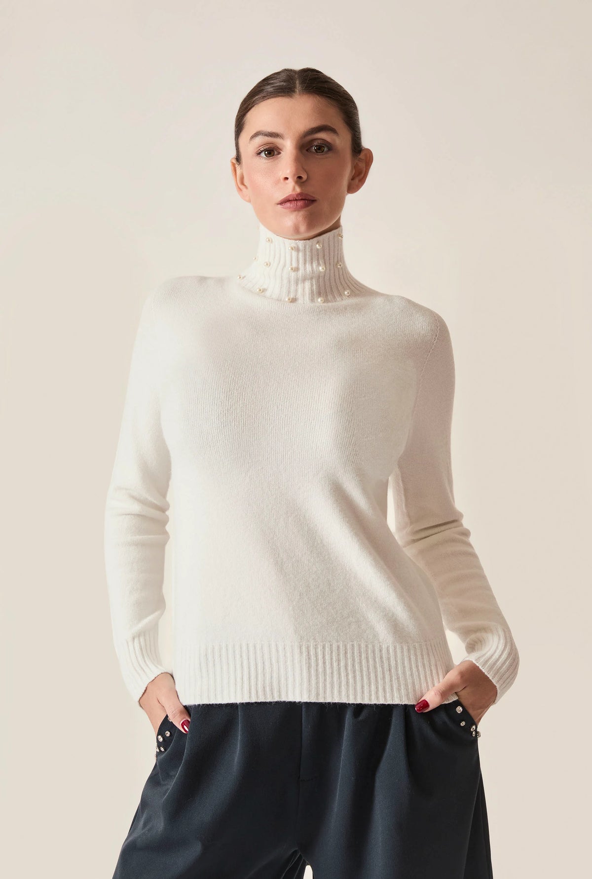 Cream Pearl-Embellished High-Neck Jumper