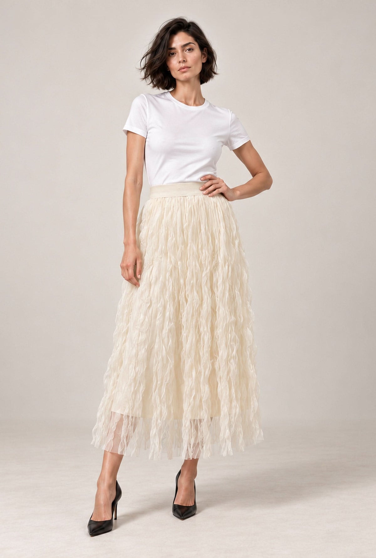 Cream Ruffle Tulle Midi Skirt
