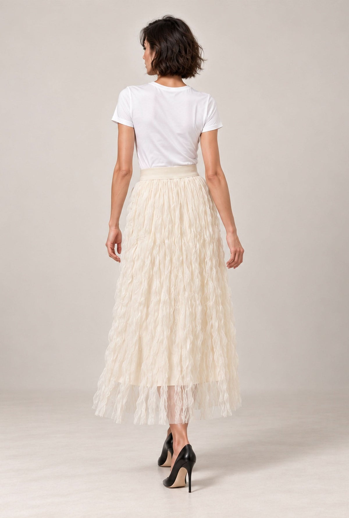 Cream Ruffle Tulle Midi Skirt