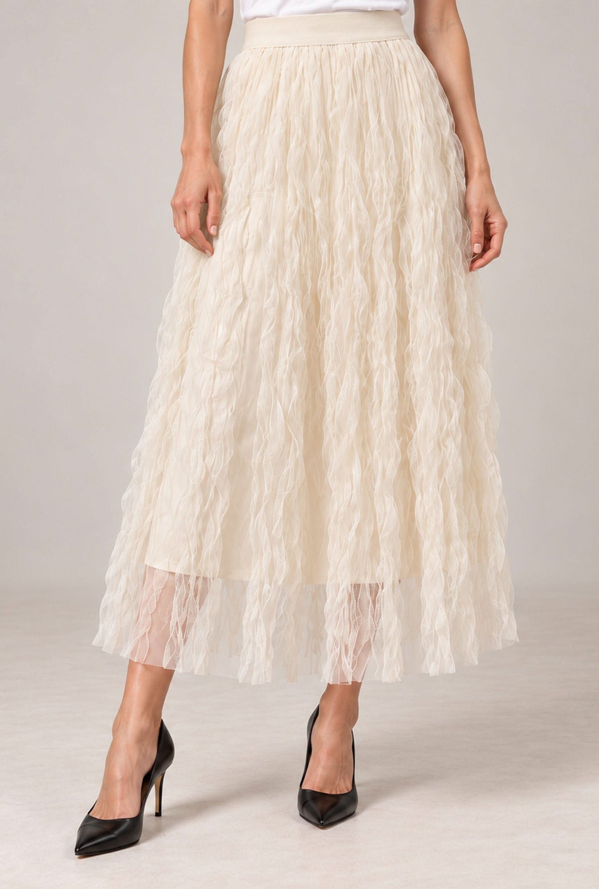 Cream Ruffle Tulle Midi Skirt